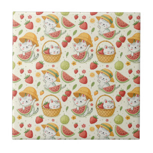 Summer Fruits Cat Pattern - Picnic Design for Kids Ceramic Tile