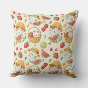 Summer Fruits Cat Pattern - Picnic Design for Kids Throw Pillow