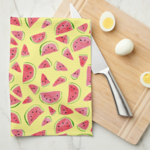 Summer Fruity Fun Watermelons Watercolor Yellow Kitchen Towel