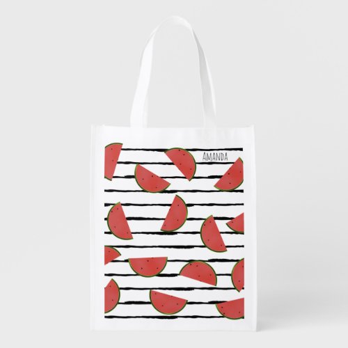 Summer Fruity Watermelon Pieces Black White Stripe Grocery Bag