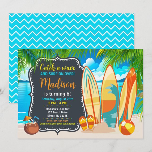 Summer Fun Beach Surfing Birthday Invitation (Front/Back)