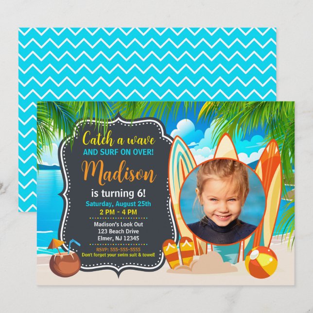 Summer Fun Beach Surfing Photo Birthday Invitation (Front/Back)