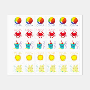 Summer Fun Beachball Crab Sun Sandcastle Pail Kids' Labels