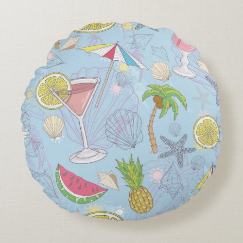 Summer Fun Cocktail Seamless Pattern Round Pillow