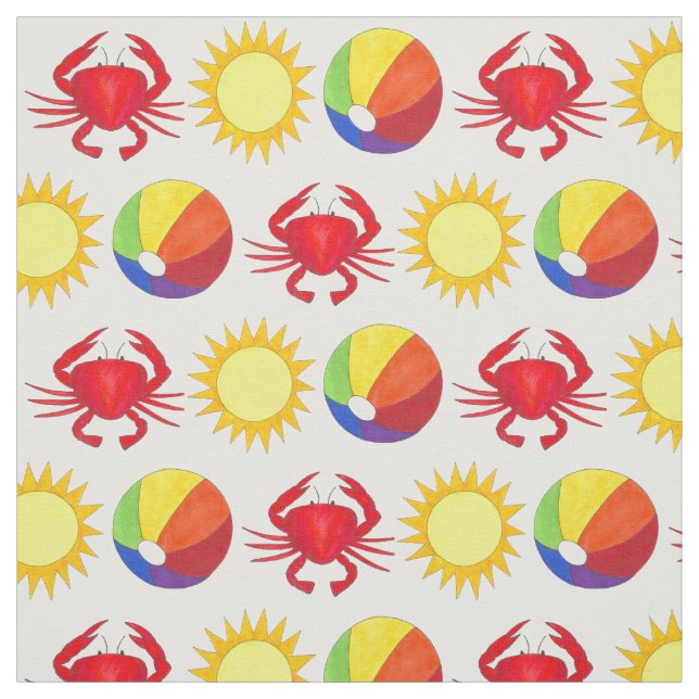 Summer Fun Crab Beachball Sunshine Beach Vacation Fabric (Swatch)