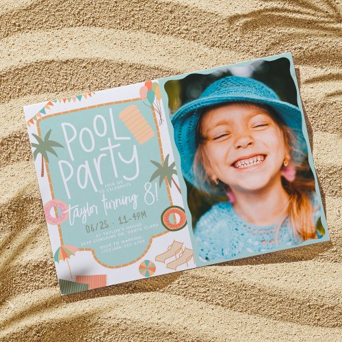 Summer Fun Cute Pool Party Girl Birthday Photo Invitation