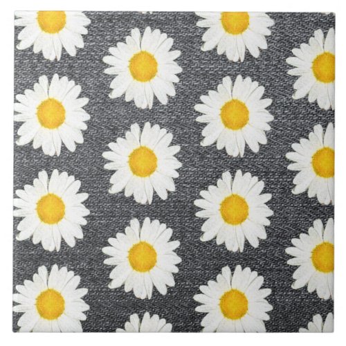 Summer Fun Daisy Flower Pattern on Grey Vintage Ceramic Tile
