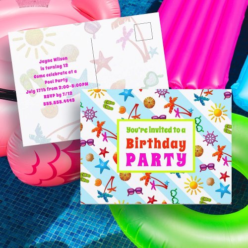 Summer Fun Girls Birthday Party Invitation Postcard