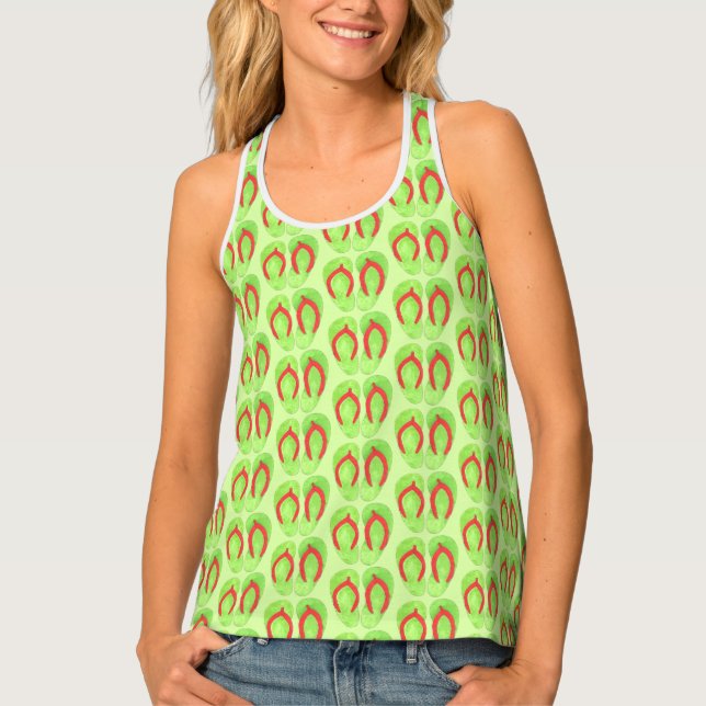 Summer Fun Green Flip Flop Sandals Beach Vacay Tank Top (Front)