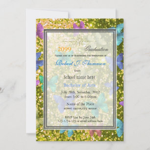 Summer fun, happy butterfly glittering graduation invitation