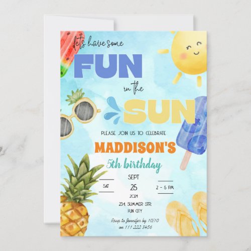 Summer Fun in The Sun Pool Party Birthday Invitation