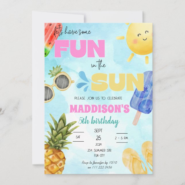 Summer Fun in The Sun Pool Party Birthday Invitation (Front)