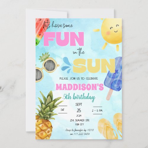 Summer Fun in The Sun Pool Party Birthday Invitation