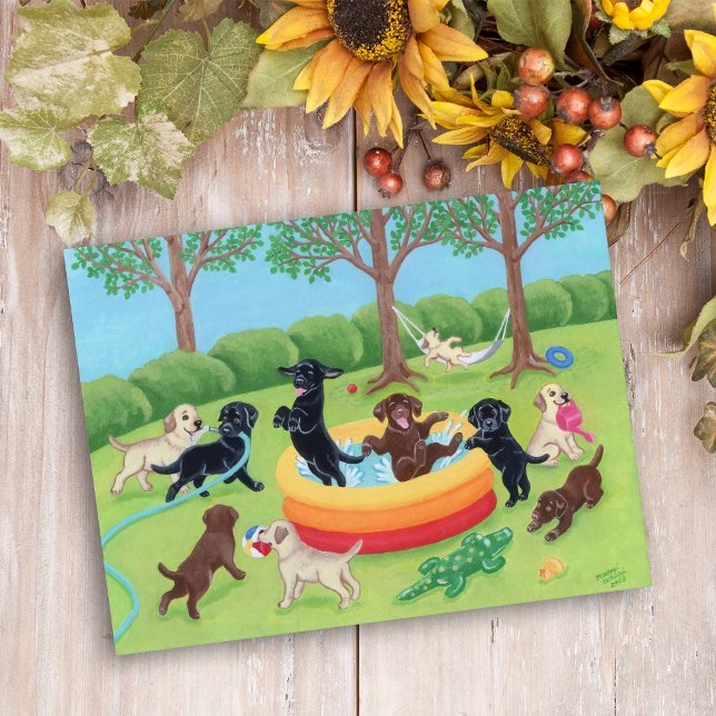 Summer Fun Labradors Painting Postcard (Summer Fun Labradors Painting Postcard for Labrador Owners.  Whimsical Labrador dog design.)