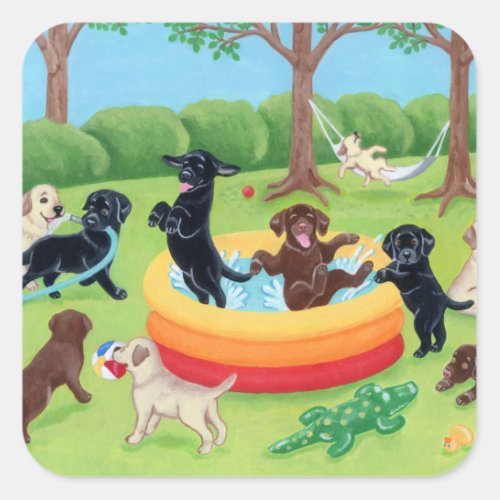 Summer Fun Labradors Painting Square Sticker