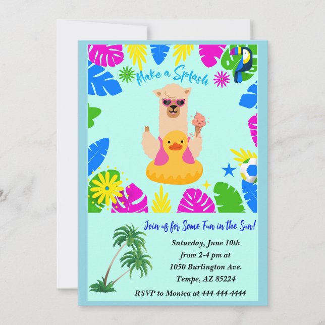 Summer Fun Llama Pool Party Personalized Invitation (Front)