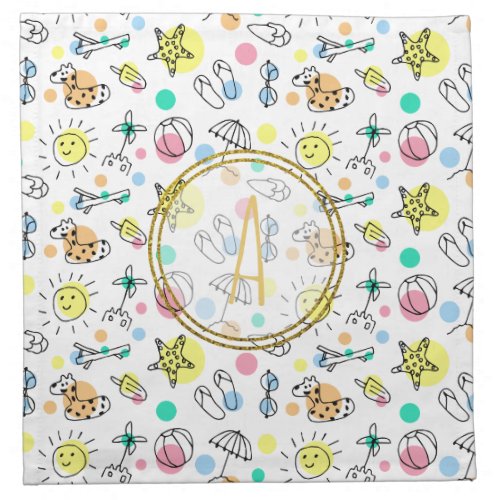 Summer Fun Monogram Beach Holiday Doodles Decor Cloth Napkin