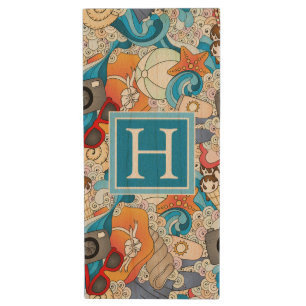 Summer Fun Pattern Add Your Initial Wood Flash Drive