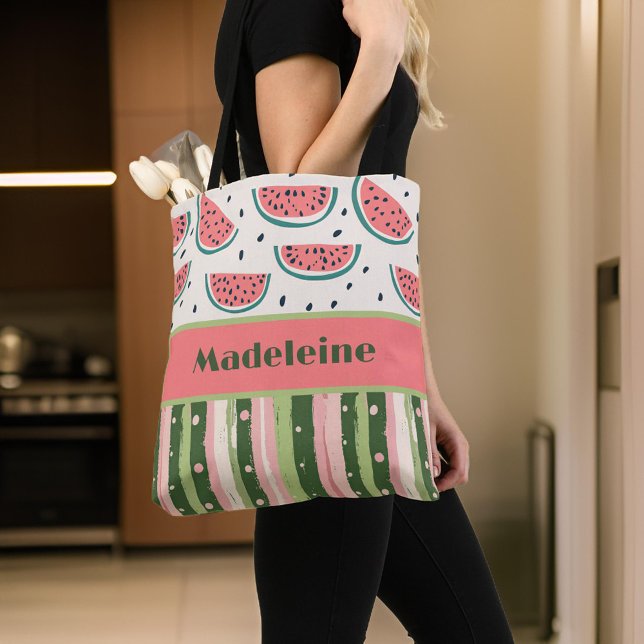 Summer Fun Pink Green Watermelon Stripes Monogram Tote Bag (Creator Uploaded)