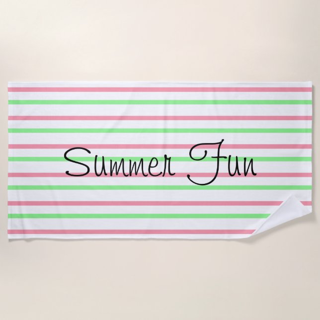 Summer Fun Pink Green White Stripes Beach Towel (Front)