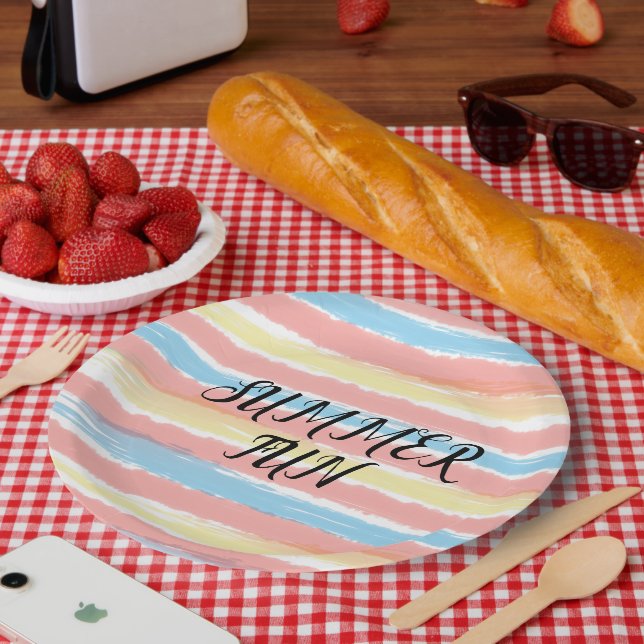 Summer Fun Pink Yellow Blue Watercolor Paper Plates (Picnic)
