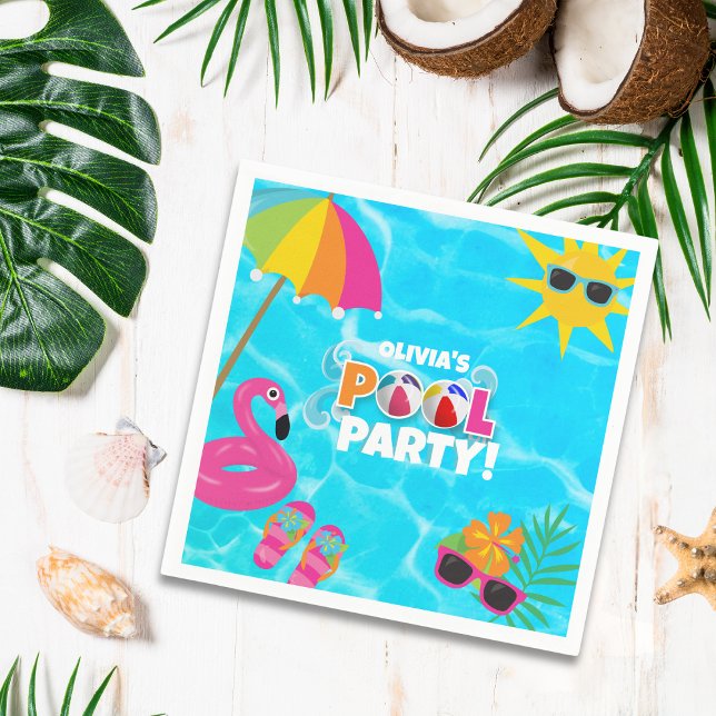 Summer Fun Pool Party Custom Name Napkins (Custom paper napkins for the perfect fun in the sun pool party!)