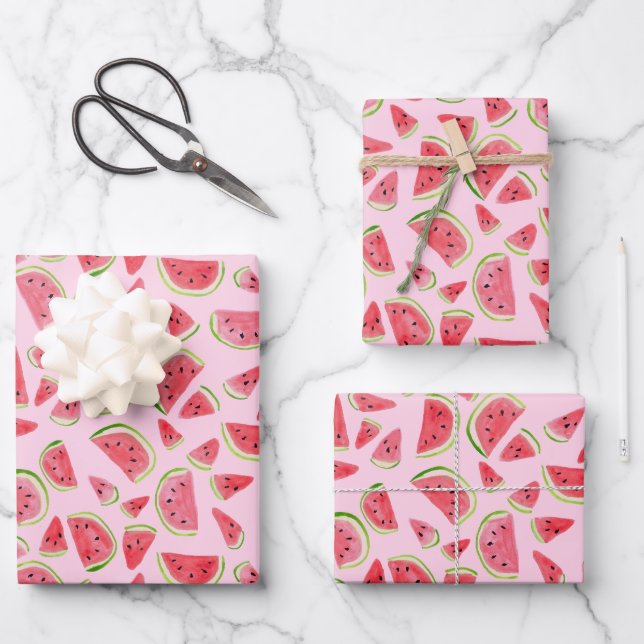 Summer Fun Watercolor Watermelon Pink Gift  Wrapping Paper Sheets (Front)