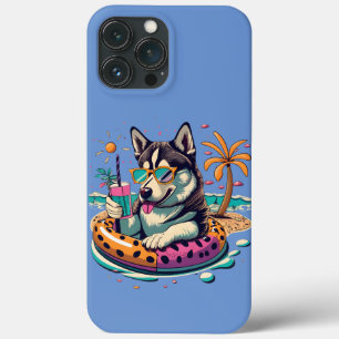 Summer Fun with Cute Cool Husky Dog in Pool iPhone 13 Pro Max Case