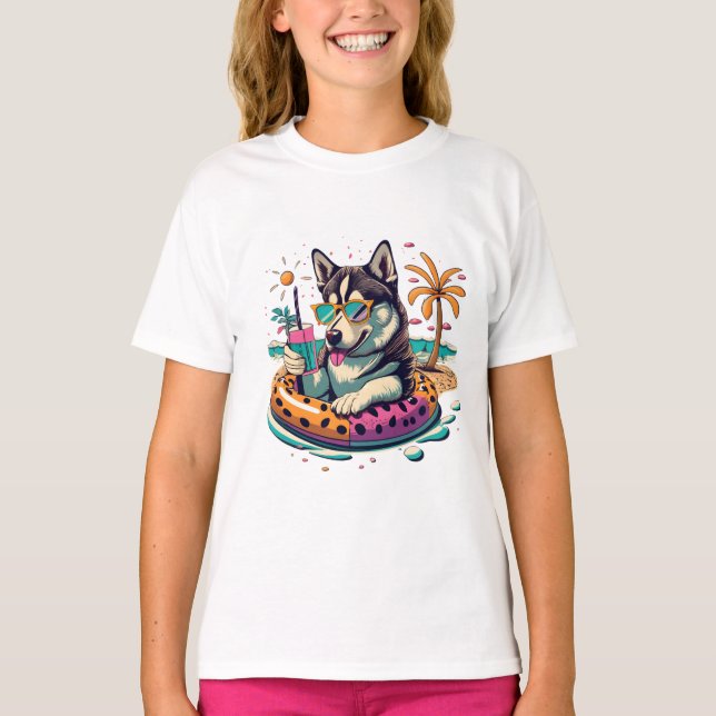 Summer Fun with Cute Cool Husky Dog in Pool T-Shirt (Front)