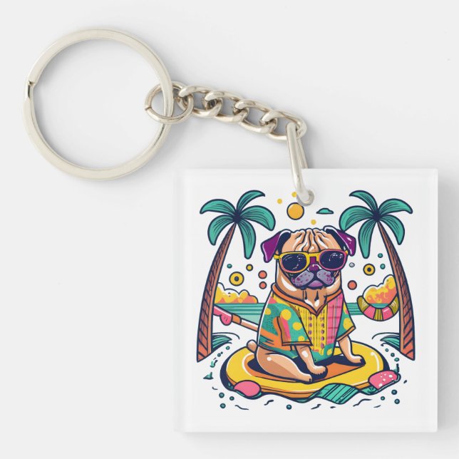 Summer Fun with Cute Pug Dog in Pool Keychain (Front)