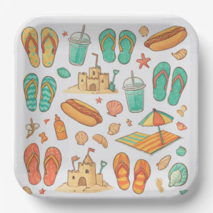 Summer Fun with Hot Dogs and Flip Flops Square Paper Plates