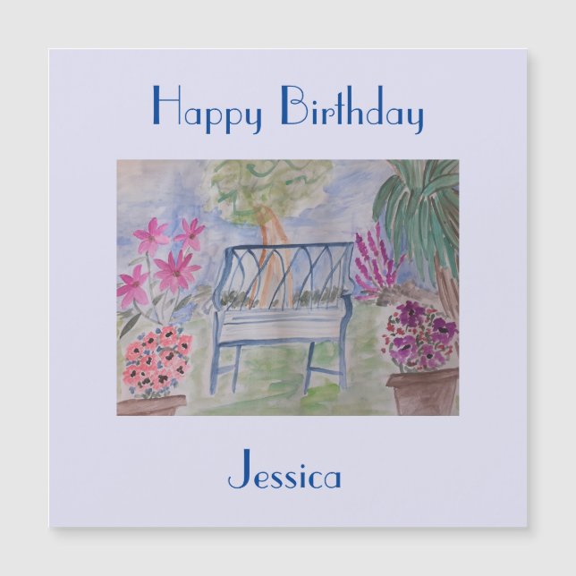 Summer Garden Bench Magnetic Birthday Card (Front)