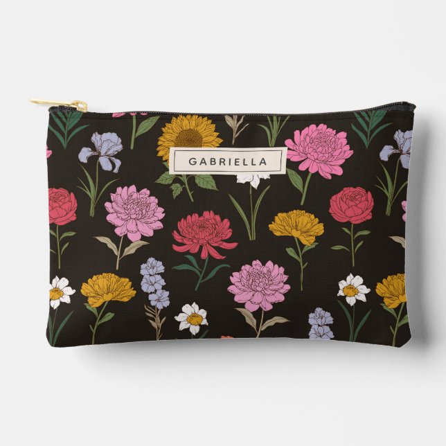 Summer Garden Black Floral Bridesmaid Personalized Accessory Pouch (Front)