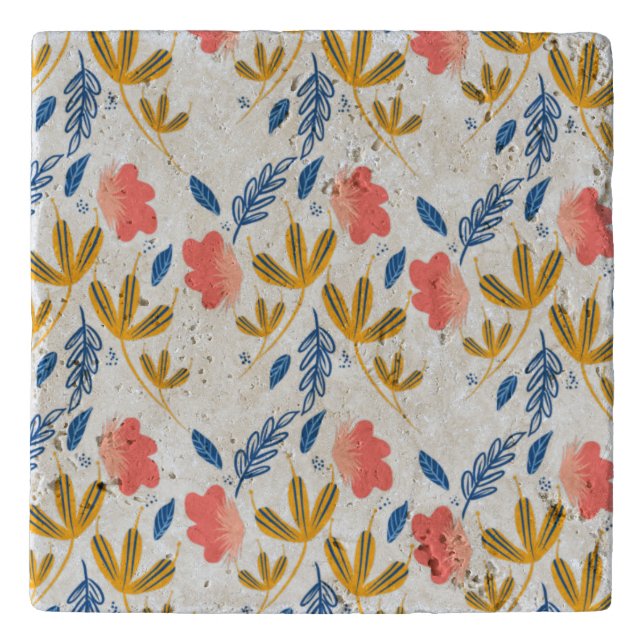 Summer Garden Blue Yellow Coral Florals  Trivet (Front)