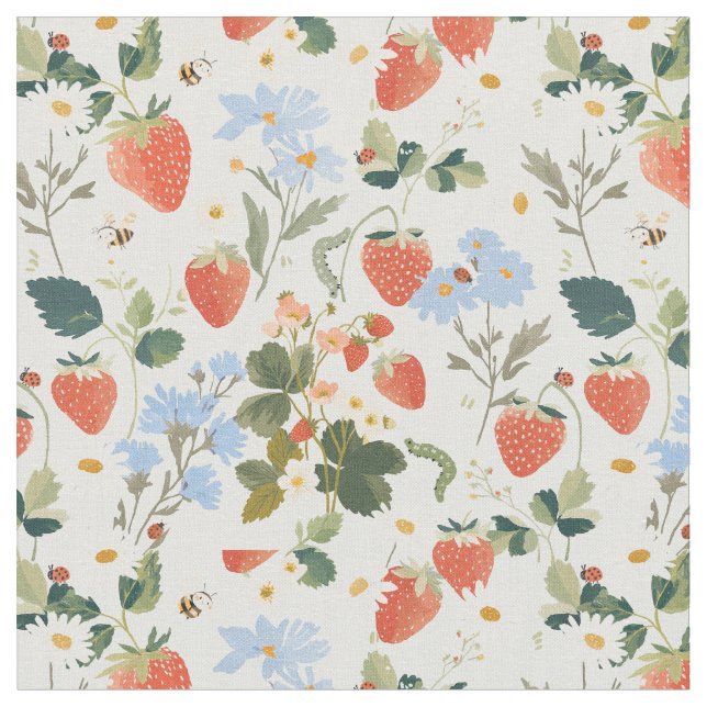 Summer garden bugs berry wildflower caterpillar fabric (Close Up)