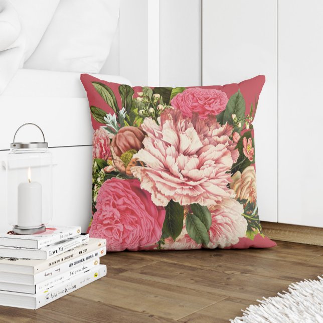Summer garden coral cream and green flowers throw pillow (Creator Uploaded)