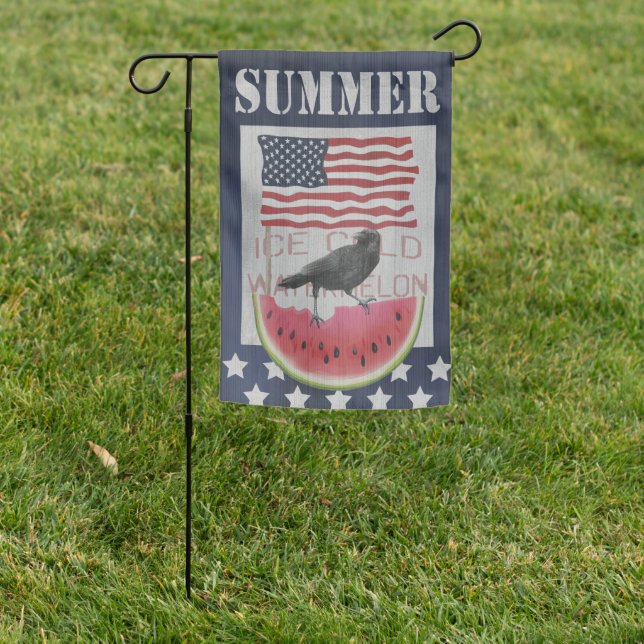Summer Garden Flag with Watermelon and Crow (In SItu)