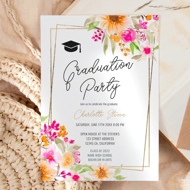 Summer garden floral gold script graduation invitation (Creator Uploaded)