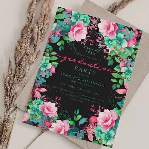 Summer Garden Floral Graduation Party Black Invitation