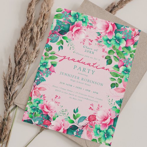 Summer Garden Floral Graduation Party Blush Invitation