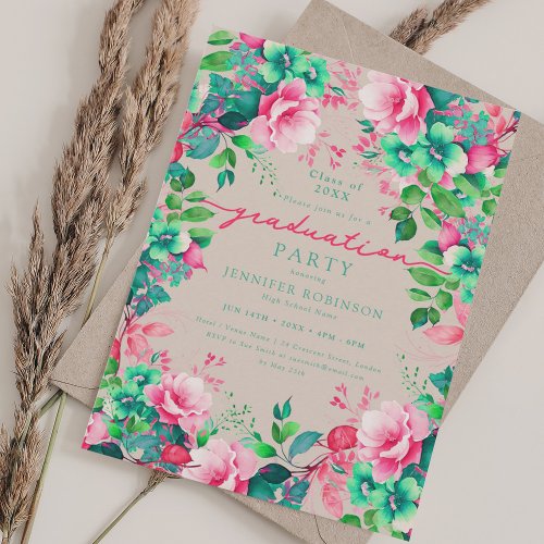 Summer Garden Floral Graduation Party Champagne Invitation