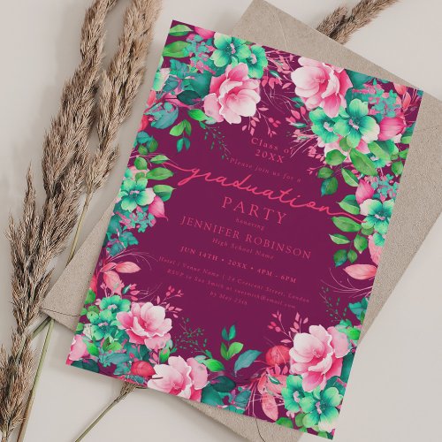 Summer Garden Floral Graduation Party Magenta  Invitation