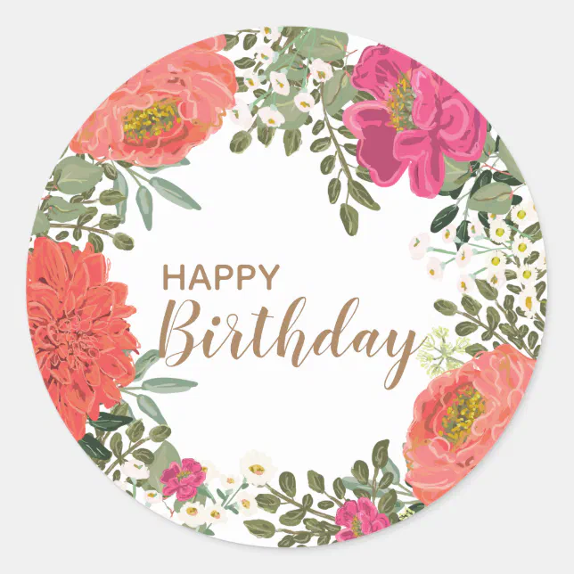 Summer Garden Floral Joy Happy Birthday Classic Round Sticker | Zazzle