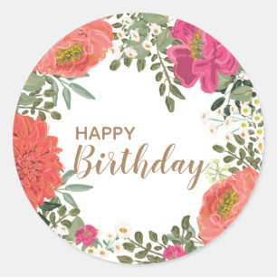 Summer Garden Floral Joy Happy Birthday Classic Round Sticker