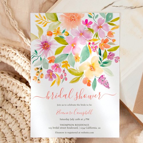 Summer garden floral watercolor bridal shower invitation