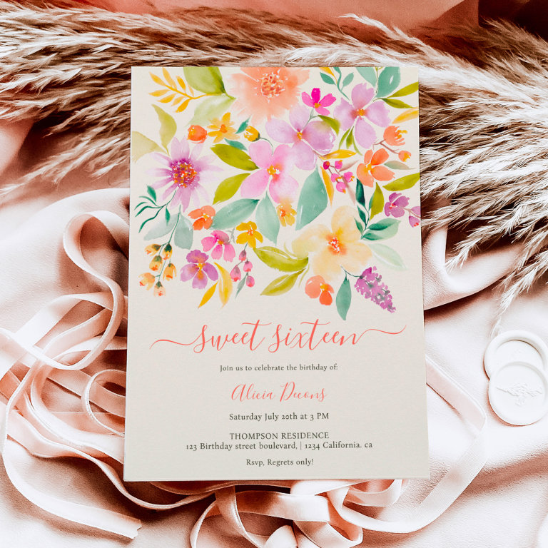 Summer garden floral watercolor Sweet 16 Invitation