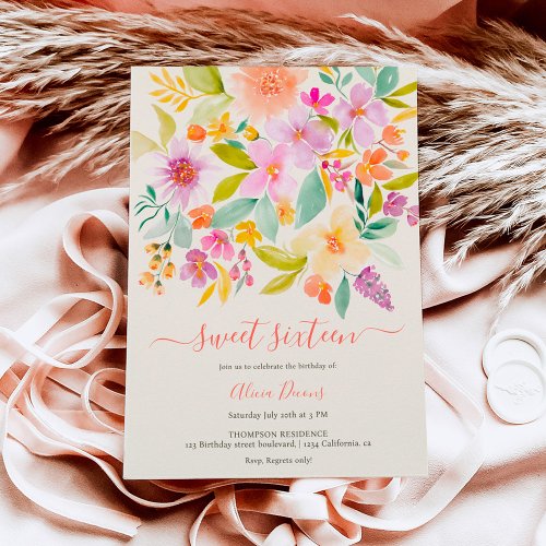 Summer garden floral watercolor Sweet 16 Invitation