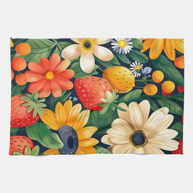 Summer Garden Flowers Strawberry Pattern Kitchen Towel (Horizontal)