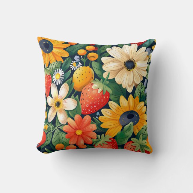Summer Garden Flowers Strawberry Pattern Throw Pillow (Front)
