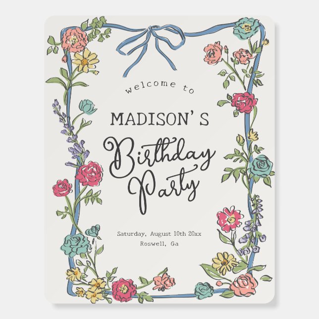 Summer Garden Party Floral Birthday Welcome Sign (Front)